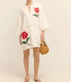 Hibiscus Embroidered Tunic Dress in Antique White