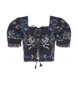 Inga Embroidery Puff Sleeve Top in Navy