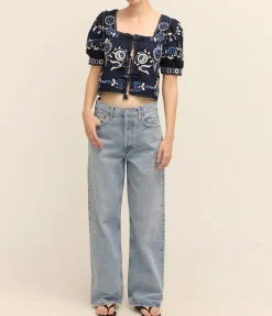 Inga Embroidery Puff Sleeve Top in Navy