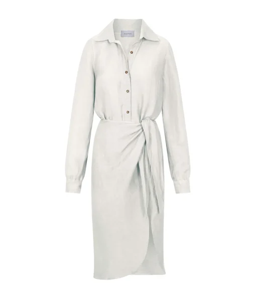 LA Asymetric Wrap Linen Cupro Midi Dress in White