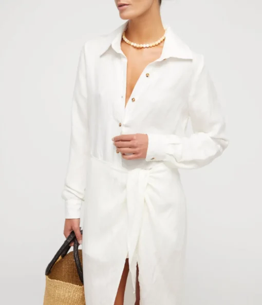 LA Asymetric Wrap Linen Cupro Midi Dress in White