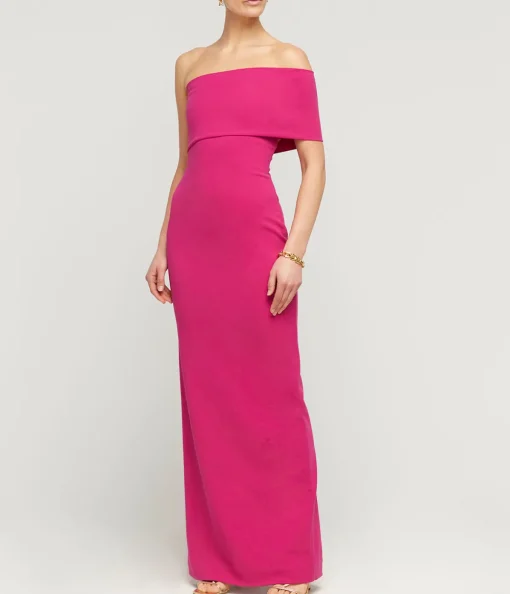 Lana One Shoulder Crepe Knit Maxi Dress in Fuchsia