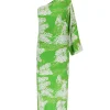 Lola One Shoulder Silk Maxi Dress in White on Green