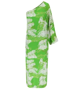 Lola One Shoulder Silk Maxi Dress in White on Green