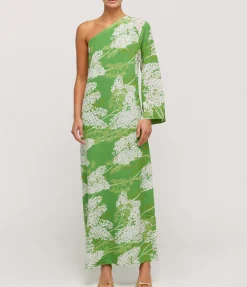 Lola One Shoulder Silk Maxi Dress in White on Green