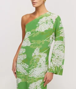 Lola One Shoulder Silk Maxi Dress in White on Green