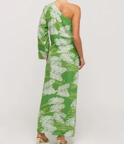 Lola One Shoulder Silk Maxi Dress in White on Green