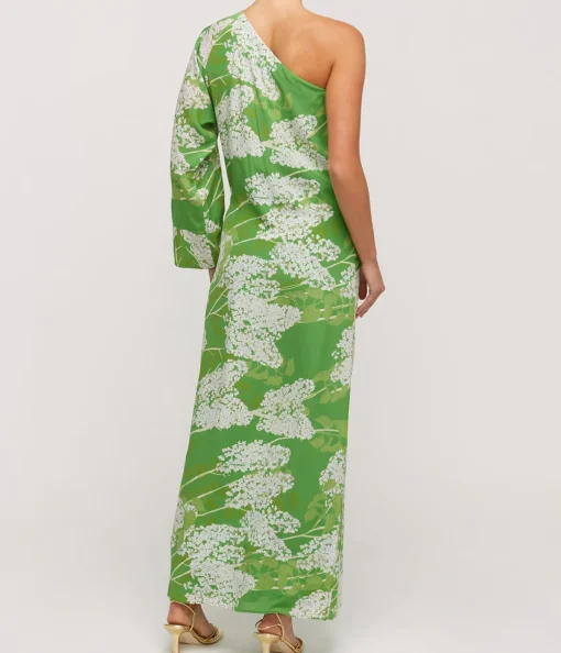 Lola One Shoulder Silk Maxi Dress in White on Green