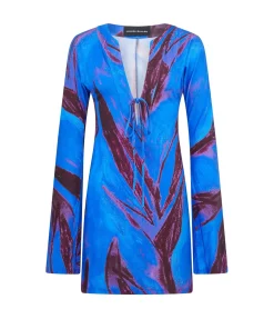Long Sleeve Mini Kaftan Dress in Violet Flower