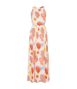 Meridian High Neck Poplin Dress in Coral