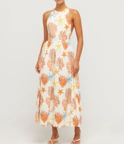 Meridian High Neck Poplin Dress in Coral