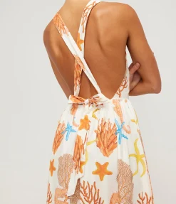 Meridian High Neck Poplin Dress in Coral