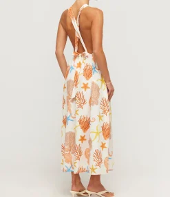 Meridian High Neck Poplin Dress in Coral