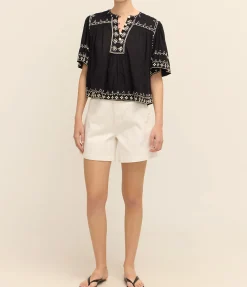 Millie Embroidery Short Sleeve Top in Black