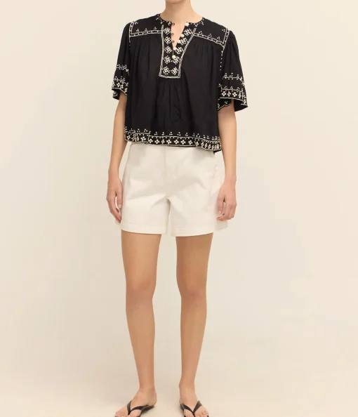 Millie Embroidery Short Sleeve Top in Black