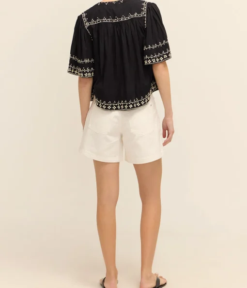 Millie Embroidery Short Sleeve Top in Black