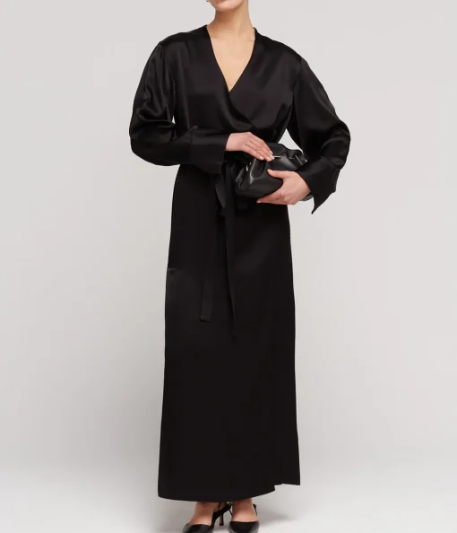 Mono Double Satin Wrap Dress in Black