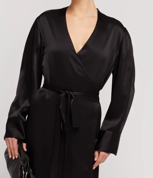 Mono Double Satin Wrap Dress in Black