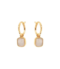 Moonstone Pyramid Charm Hoop Earrings in Gold