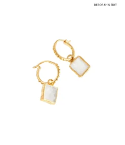 Moonstone Pyramid Charm Hoop Earrings in Gold