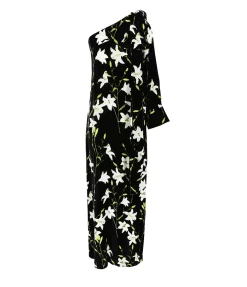Nel One Shoulder Dress in Black and White Flower
