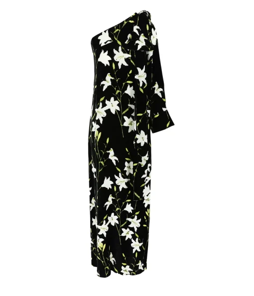 Nel One Shoulder Dress in Black and White Flower