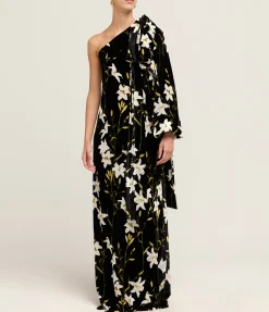 Nel One Shoulder Dress in Black and White Flower