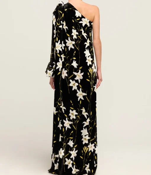 Nel One Shoulder Dress in Black and White Flower
