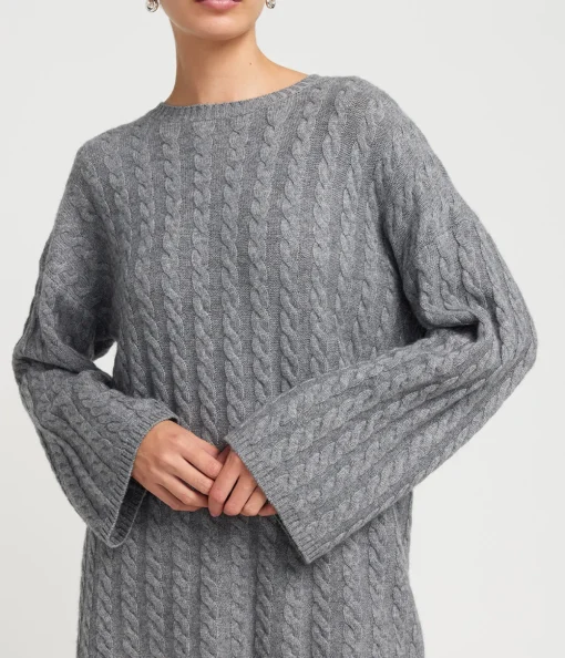 Noa Cable Knit Cashmere and Merino Sweater in Medium Grey