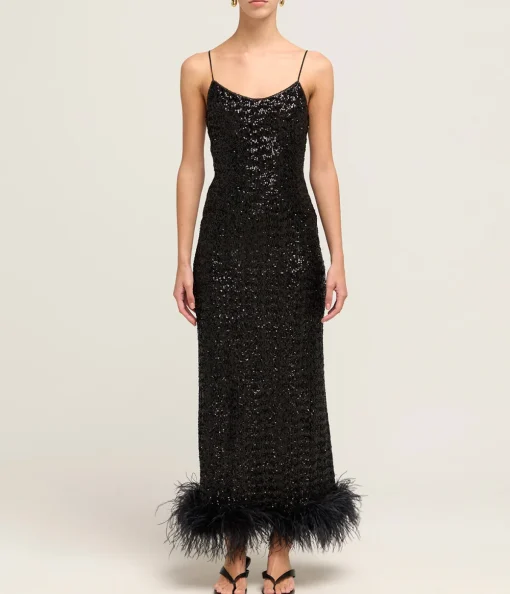 Paillettes Plumage Sequin Slip Dress in Black