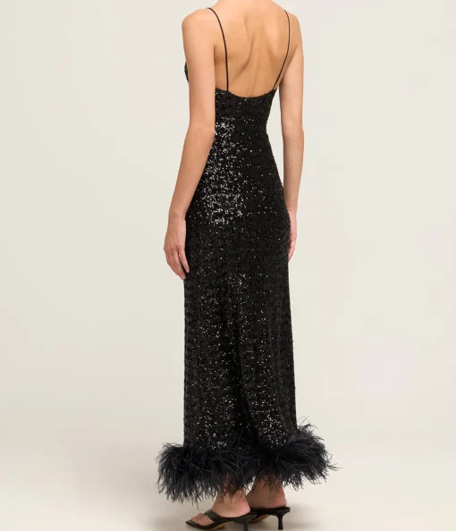 Paillettes Plumage Sequin Slip Dress in Black