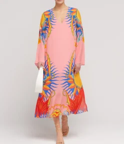Phoenix Silk Crepe V-neck Midi Dress in Sun Goddess
