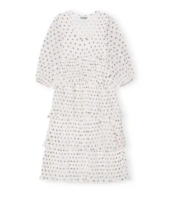 Pleated Georgette Flounce Midi Dress in Egret