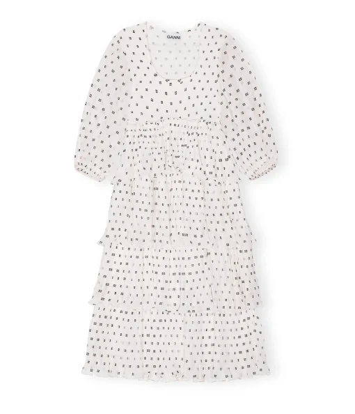 Pleated Georgette Flounce Midi Dress in Egret