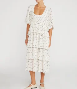 Pleated Georgette Flounce Midi Dress in Egret