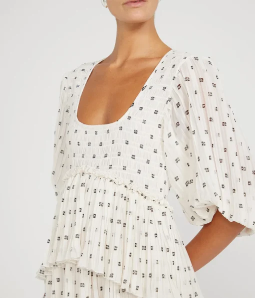 Pleated Georgette Flounce Midi Dress in Egret