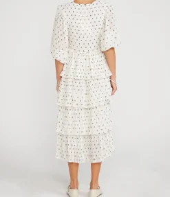 Pleated Georgette Flounce Midi Dress in Egret