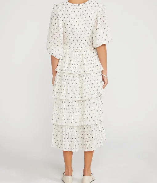 Pleated Georgette Flounce Midi Dress in Egret