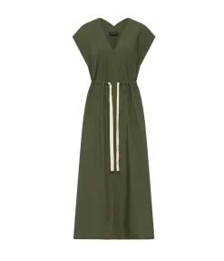 Poplin V Neck Dress in Olive
