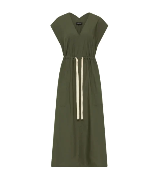 Poplin V Neck Dress in Olive