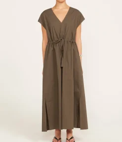 Poplin V Neck Dress in Olive