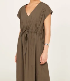 Poplin V Neck Dress in Olive
