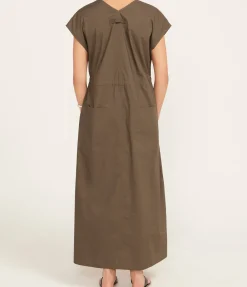 Poplin V Neck Dress in Olive