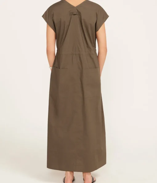 Poplin V Neck Dress in Olive