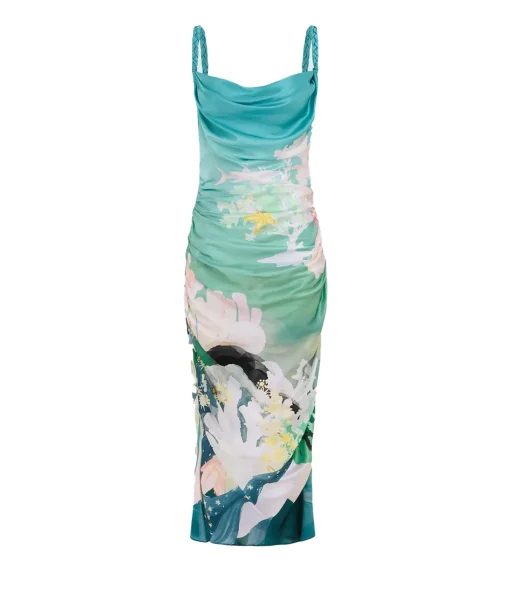 Rachel Cowl Neck Slip Dress in Seagrass Neptune Print