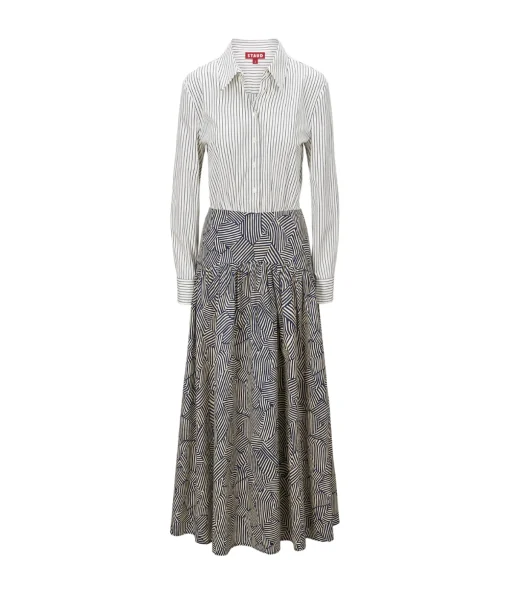 Rocco Long Sleeve Dress in Ivory Micro Stripe and Navy Mosaic