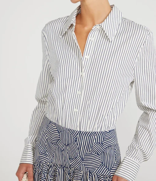 Rocco Long Sleeve Dress in Ivory Micro Stripe and Navy Mosaic
