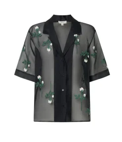 Rosebud Embroidery Camp Shirt in Black