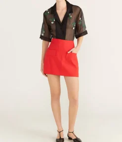 Rosebud Embroidery Camp Shirt in Black