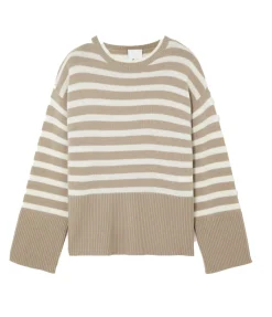 Round Neck Wool and Cashmere Sweater in Sand Stripe